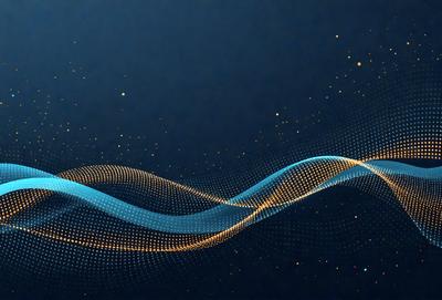 The primary subject of the image is a blue and yellow wave, which appears to be a digital art or illustration. The setting is a dark blue background, and the visual style gives the impression of a futuristic or abstract design. The dominant colors are blue and yellow, creating a vibrant and energetic atmosphere.
