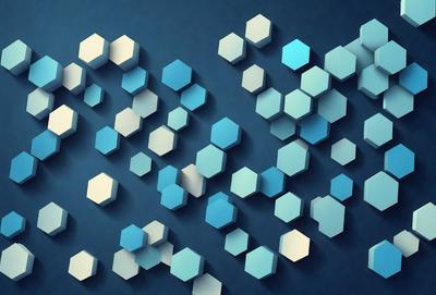 The primary subject of the image is a blue and white geometric pattern. The setting is a blue background, and the visual style appears to be a digital art or illustration. The dominant colors are blue and white, creating a calm and soothing atmosphere.