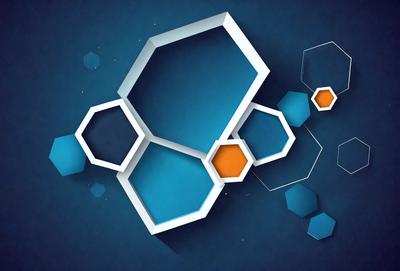 The primary subject of the image is a blue and orange geometric shape, which appears to be a three-dimensional structure. The setting is a dark blue background, which contrasts with the bright colors of the geometric shape. The visual style of the image is a combination of digital art and illustration, creating a unique and eye-catching design. The dominant colors of the image are blue and orange, which evoke a sense of depth and vibrancy.
