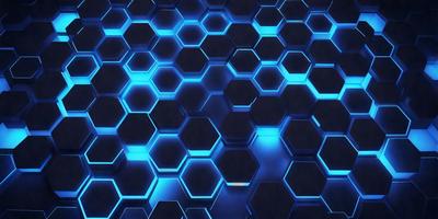The primary subject of the image is a blue and black patterned surface, which appears to be a honeycomb-like structure. The setting is a dark room, and the visual style is a close-up of the patterned surface. The colors and mood of the image are predominantly dark and moody, with the blue and black hues creating a sense of depth and intrigue.