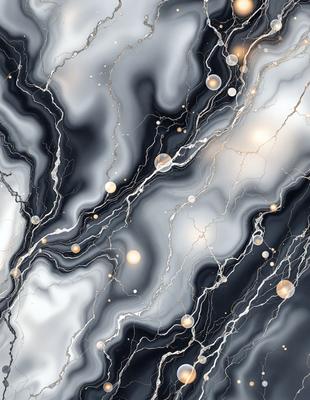 The primary subject of the image is a close-up of a marble-like surface with a pattern of light and dark streaks. The setting is a black and white photo, giving it a classic and timeless appearance. The visual style is a combination of digital art and photography, creating a unique and intricate pattern. The colors and mood of the image are predominantly black and white, with the light and dark streaks adding depth and contrast to the overall atmosphere.
