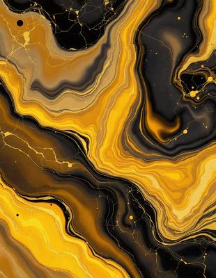 The primary subject of the image is a close-up of a yellow and black patterned surface, which appears to be a painting or a digital artwork. The setting is a dark background, which contrasts with the bright yellow and black colors of the pattern. The visual style is a mix of photo and digital art, creating a unique and eye-catching composition. The colors and mood of the image are vibrant and energetic, with the yellow and black colors evoking a sense of energy and dynamism.