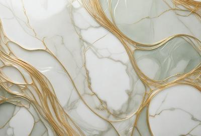 The primary subject of the image is a marble countertop with a gold-colored design. The setting is a kitchen, and the visual style is a close-up of the marble countertop. The colors and mood of the image are predominantly white and gold, giving it a luxurious and elegant appearance.