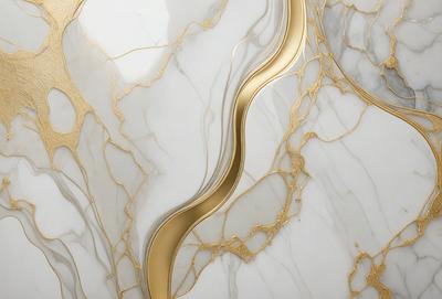 The primary subject of the image is a marble wall with a gold design. The setting is a room with a white marble surface. The visual style is a combination of a photo and digital art, creating a unique and intricate design. The dominant colors are gold and white, giving the wall a luxurious and elegant appearance.