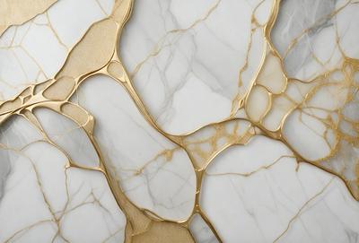 The primary subject of the image is a marble wall with gold accents. The setting is a room with a white marble wall, and the visual style is a photo. The dominant colors are white and gold, creating a luxurious and elegant atmosphere.