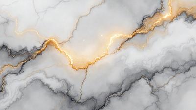 The primary subject of the image is a yellow light streak or lightning bolt, which is the main focus of the image. The setting is a marble surface, and the visual style appears to be a combination of photo and digital art. The colors in the image are predominantly yellow and white, creating a warm and vibrant atmosphere.