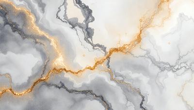 The primary subject of the image is a marble-like surface with a gold streak running through it. The setting is a white background, and the visual style appears to be a combination of photo and digital art. The colors and mood of the image are predominantly white and gold, creating a sense of elegance and sophistication.
