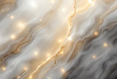 The primary subject of the image is a close-up of a white and gold wall, featuring a pattern of light and dark streaks. The setting is a room with a white marble wall, and the visual style is a combination of photo and digital art. The colors and mood of the image are predominantly white and gold, creating a warm and inviting atmosphere.