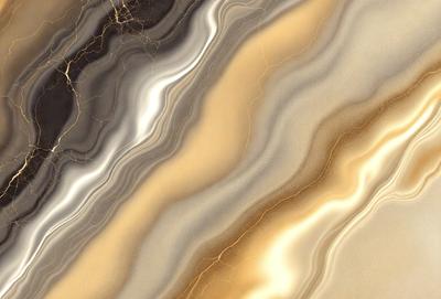 The primary subject of the image is a marble tile with a gold and white color scheme. The setting is a wall, and the visual style is a close-up of the tile. The colors and mood of the image are warm and elegant, with the gold and white tones creating a luxurious and sophisticated atmosphere.