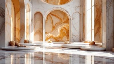 The primary subject of the image is a large, ornate marble wall with a swirling pattern. The setting is a room with a large marble table and a chair. The visual style is a photo, and the colors and mood are predominantly white and elegant.