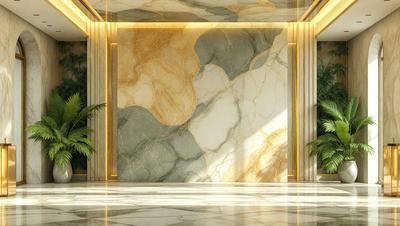 The image features a large, marble-covered wall with a gold trim. The wall is adorned with a beautiful, intricate design, giving it an elegant and luxurious appearance. The marble wall is the primary subject of the image, and it is set against a backdrop of a room with a potted plant nearby. The visual style of the image is a combination of photo and digital art, creating a realistic yet artistic representation of the marble wall. The colors and mood of the image are pre