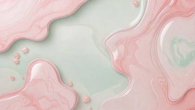 The primary subject of the image is a close-up of a pink and white liquid, possibly a frosting or a cream, with a pink background. The visual style appears to be a photo, and the colors and mood convey a sense of freshness and delicacy.
