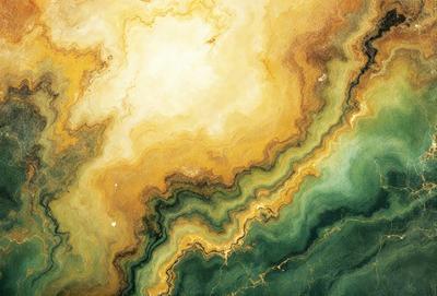 The primary subject of the image is a painting of a sunset. The setting is a painting of a sunset, and the visual style is a painting. The dominant colors in the painting are yellow, green, and orange, creating a warm and vibrant atmosphere.