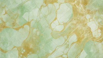 The primary subject of the image is a close-up of a green and gold marbled wallpaper. The setting is a room with a green and gold marbled wallpapered wall. The visual style is a patterned wallpaper, and the colors and mood are warm and inviting.
