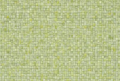 The primary subject of the image is a large, square, green tile. The setting is a wall, and the visual style is a patterned, textured surface. The dominant colors are green and yellow, creating a warm and inviting atmosphere.