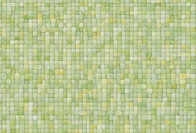 The primary subject of the image is a green and yellow mosaic pattern. The setting is a green background, and the visual style is a combination of photo and digital art. The colors and mood of the image are vibrant and lively, with a focus on the intricate patterns and textures of the mosaic.
