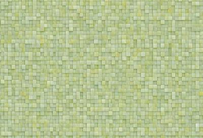 The primary subject of the image is a large, square, green tiled wall. The setting is a room with a green tiled wall, which serves as the background. The visual style is a patterned, textured, and colorful design, creating a vibrant and lively atmosphere.