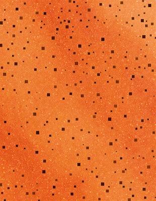 The primary subject of the image is a close-up of a patterned surface, which appears to be a wall or a piece of fabric. The setting is indoors, with the patterned surface being the main focus of the image. The visual style is a combination of a photo and a digital art, as the pattern is created by a combination of squares and dots. The colors and mood of the image are predominantly orange and yellow, giving it a warm and vibrant atmosphere.