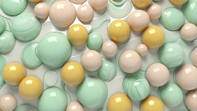 The primary subject of the image is a collection of various colored balls, including yellow, green, and pink, arranged on a white surface. The setting appears to be a white table or a white background, which provides a clean and minimalistic backdrop for the balls. The visual style of the image is a combination of photo and digital art, as the balls are arranged in a visually appealing manner. The colors and mood of the image are vibrant and cheerful, with the bright colors of the balls creating a lively