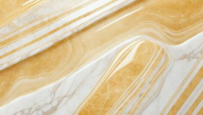 The primary subject of the image is a marble countertop with a yellow and white color scheme. The countertop is made of marble and features a patterned design. The setting is a kitchen or bathroom, as the countertop is placed on a table or a counter. The visual style of the image is a close-up of the marble countertop, showcasing its unique pattern and texture. The colors and mood of the image are warm and inviting, with the yellow and white marble creating a sense of eleg