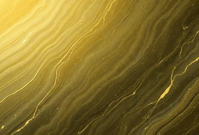 The primary subject of the image is a close-up of a marble surface with a gold-like color. The setting is a stone wall, and the visual style appears to be a photo. The dominant colors are gold and black, creating a luxurious and elegant atmosphere.