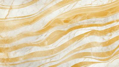 The primary subject of the image is a marble wall with a gold and white striped pattern. The setting is a room with a white marble floor. The visual style is a close-up of the marble wall, showcasing the intricate design. The colors and mood of the image are predominantly white and gold, giving it a luxurious and elegant appearance.