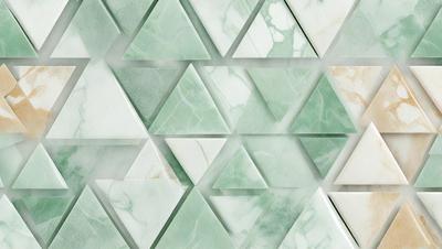 The primary subject of the image is a marble wall with a unique design. The wall features a pattern of triangles, creating a visually appealing and intricate texture. The setting is a room with a white background, which highlights the marble wall's beauty. The visual style of the image is a combination of photo and digital art, as it captures the intricate details of the marble wall design. The colors and mood of the image are predominantly white and green, giving it a clean and serene