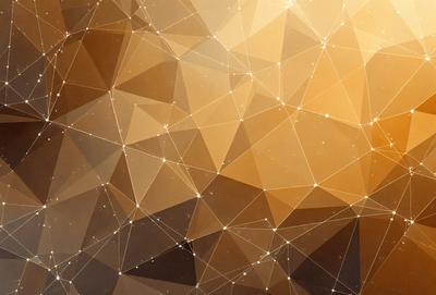 The primary subject of the image is a geometric pattern with a golden hue. The setting is a wall with a patterned surface, and the visual style is a combination of digital art and illustration. The dominant colors are gold and brown, creating a warm and inviting atmosphere.