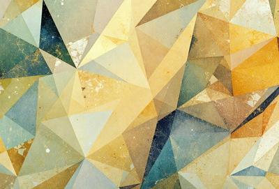 The primary subject of the image is a geometric pattern, featuring a mix of yellow, blue, and orange colors. The setting is a wall with a patterned design, which adds a unique visual style to the scene. The overall atmosphere is vibrant and artistic, with the colors and patterns creating a captivating and eye-catching display.