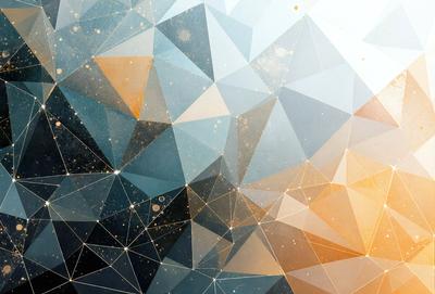 The primary subject of the image is a geometric pattern, featuring a mix of blue, orange, and white colors. The setting is a white background, which provides a clean and minimalist appearance. The visual style is a combination of digital art and illustration, creating a unique and eye-catching design. The dominant colors in the image are blue, orange, and white, which contribute to a vibrant and lively atmosphere.