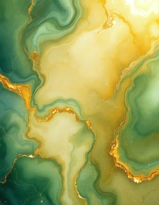 The primary subject of the image is a close-up of a green and gold marble stone. The setting is a natural environment, with the marble stone being the main focus of the image. The visual style is a combination of photo and digital art, creating a unique and intricate pattern. The colors and mood of the image are predominantly green and gold, giving it a warm and natural atmosphere.
