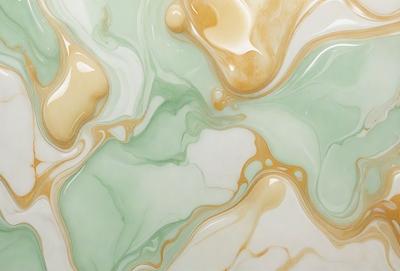 The primary subject of the image is a close-up of a green and yellow marbled wallpaper. The setting is a room with a white background, and the visual style appears to be a patterned wallpaper. The dominant colors in the image are green and yellow, creating a warm and inviting atmosphere.