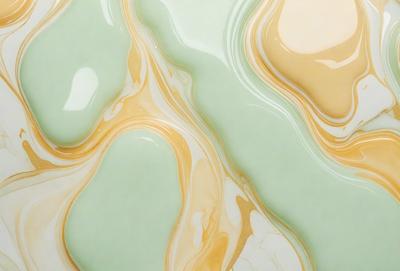 The primary subject of the image is a close-up of a green and yellow swirling pattern, which appears to be a painting or a digital artwork. The setting is a white surface, possibly a wall or a table, where the artwork is displayed. The visual style suggests that the image is a digital artwork or a painting, rather than a photo. The dominant colors in the image are green and yellow, creating a vibrant and lively atmosphere.