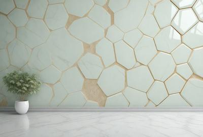 The primary subject of the image is a wall with a unique and intricate design. The wall features a pattern of hexagons, giving it a distinctive and artistic appearance. The setting is indoors, with the wall being the main focus of the scene. The visual style of the image is a close-up of the wall, showcasing the intricate pattern and design. The colors and mood of the image are predominantly neutral, with the hexagons providing a subtle contrast against the wall.