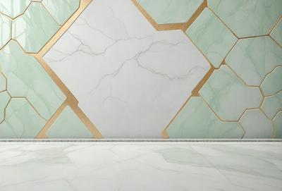 The primary subject of the image is a marble wall with a patterned design. The setting is a bathroom, and the visual style is a photo. The dominant colors are white and green, creating a clean and soothing atmosphere.