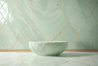 The primary subject of the image is a large, white, bowl-shaped object, which is placed on a marble floor. The setting is a room with a marble wall, and the visual style appears to be a photo. The colors in the image are predominantly white and grey, creating a clean and minimalist atmosphere.