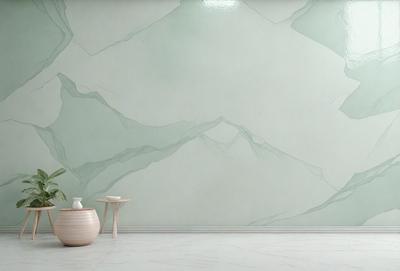 The primary subject of the image is a large, green wall with a mountainous design. The setting is a room with a white floor, and the visual style appears to be a combination of a photo and digital art. The dominant colors are green and white, creating a serene and natural atmosphere.