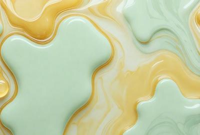 The primary subject of the image is a close-up of a green and yellow swirling pattern, which appears to be a painting or a digital artwork. The setting is a wall, and the visual style is a mix of photo and digital art. The dominant colors are green and yellow, creating a vibrant and lively atmosphere.