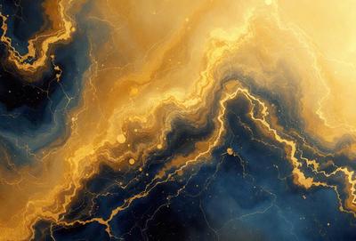 The primary subject of the image is a vibrant, swirling, and colorful pattern that resembles a painting or a digital artwork. The setting is a blue background, which contrasts with the yellow and gold colors of the swirling pattern. The visual style appears to be a combination of photo and digital art, creating a unique and eye-catching image. The colors and mood of the image are lively and energetic, with the swirling pattern evoking a sense of movement and dynamism