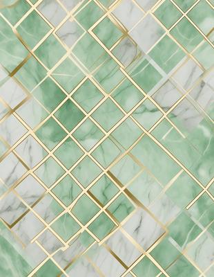 The primary subject of the image is a marble tile with a gold pattern. The setting is a bathroom, as indicated by the presence of a marble countertop. The visual style is a combination of a photo and a digital art, creating a unique and intricate design. The dominant colors are gold and green, giving the image a luxurious and elegant appearance.
