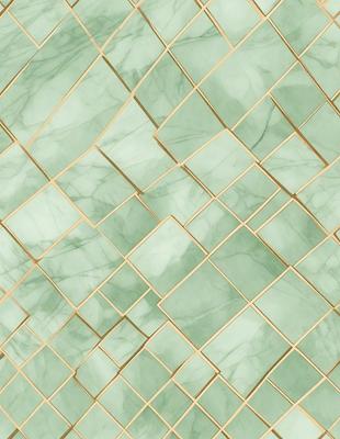 The primary subject of the image is a green marble tile with a pattern of squares. The setting is a bathroom, and the visual style is a close-up of the tile. The dominant colors are green and white, creating a clean and fresh atmosphere.