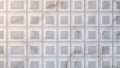 The image features a white tile wall with a pattern of square tiles. The tiles are arranged in a square pattern, creating a visually appealing and organized design. The wall appears to be made of marble, giving it a luxurious and elegant appearance. The overall atmosphere of the image is clean, modern, and sophisticated.