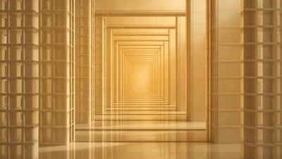 The image features a long hallway with a row of tall, golden pillars. The pillars are arranged in a straight line, creating a sense of order and symmetry. The hallway appears to be empty, with no people or objects visible. The golden color of the pillars gives the scene a warm and inviting atmosphere. The overall visual style of the image is a combination of photo and digital art, as it captures the essence of a real-life setting while also showcasing the artist's creative interpretation.