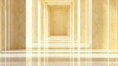 The image features a hallway with a row of pillars on each side. The pillars are made of marble and have a yellowish hue. The hallway is illuminated by sunlight, creating a warm and inviting atmosphere. The light casts shadows on the pillars, emphasizing their shape and texture. The overall setting is a combination of a natural and architectural environment, creating a visually appealing and harmonious space.