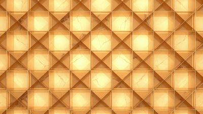 The primary subject of the image is a patterned wall made of tiles. The setting is a room with a yellow background. The visual style is a combination of photo and digital art, creating a unique and interesting pattern. The dominant colors are yellow and orange, giving the wall a warm and inviting atmosphere.
