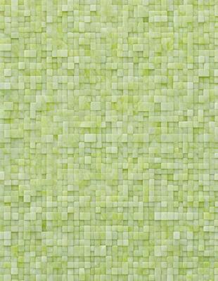 The primary subject of the image is a large, square, green tiled wall. The setting is a room with a green tiled wall, which serves as the background. The visual style is a patterned, textured, and colorful wall, giving the impression of a vibrant and lively environment. The dominant colors are green and yellow, creating a warm and inviting atmosphere.