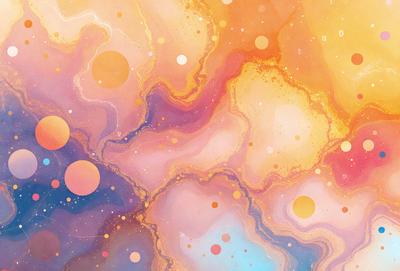 The primary subject of the image is a colorful, abstract painting featuring a mix of pink, blue, and yellow hues. The setting is a canvas, and the visual style appears to be a combination of digital art and illustration. The painting has a vibrant and lively atmosphere, with the colors creating a sense of energy and movement.