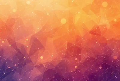 The primary subject of the image is a colorful, geometric pattern with a purple background. The setting is a space with a backdrop of stars, giving the impression of a celestial scene. The visual style is a combination of digital art and illustration, creating a vibrant and dynamic atmosphere. The dominant colors are purple and orange, with the purple background and orange geometric shapes creating a striking contrast.