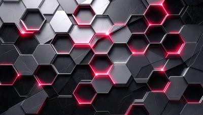 The primary subject of the image is a close-up of a black and red geometric pattern. The setting is a black background, which contrasts with the red and black pattern. The visual style is a digital art or illustration, as the pattern appears to be a digital creation. The dominant colors are red and black, creating a bold and striking appearance.