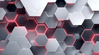 The primary subject of the image is a close-up of a geometric pattern made up of hexagons. The setting is a white background, and the visual style appears to be a digital art or illustration. The dominant colors are red and silver, creating a bold and striking appearance. The overall atmosphere of the image is modern and visually appealing.